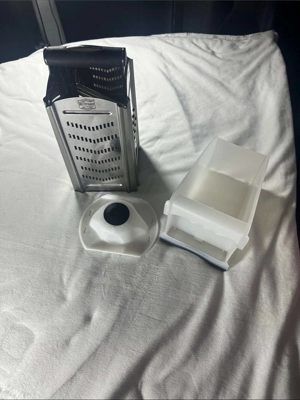 Stainless Steel Box Grater with White Plastic Food Holder